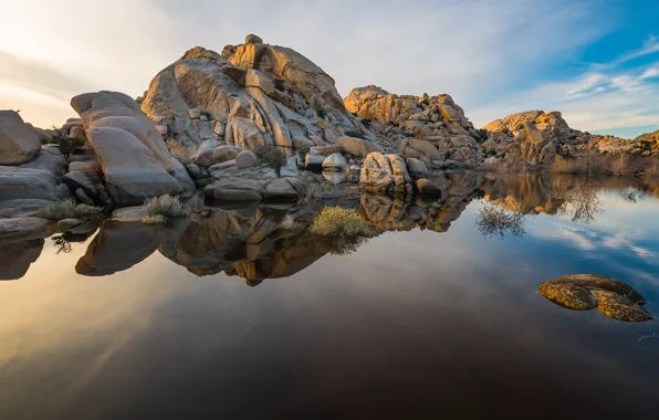 The sky, water, lake, reflection, stones, CA, USA, pond