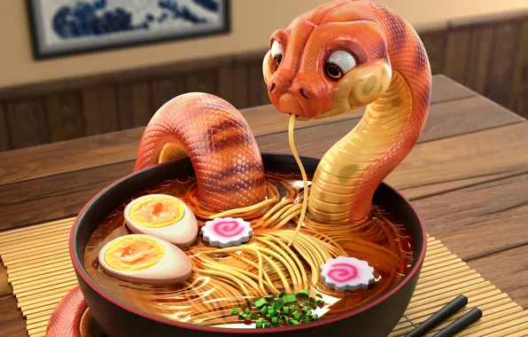 Picture food, snake, art, soup, restaurant, noodles, Snake - Danger Noodles, Michael Santin