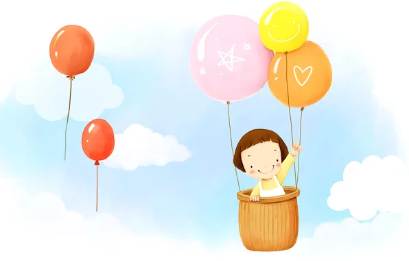 Picture clouds, smile, balloon, fantasy, basket, girl, flight, baby Wallpaper