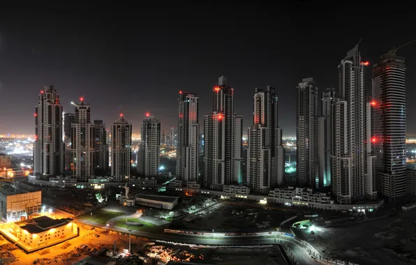 Night, lights, construction, building, Dubai