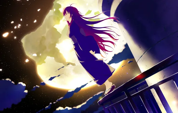 Kimono, the full moon, long hair, on the roof, starry night, visual novel, geta, irotoridori …