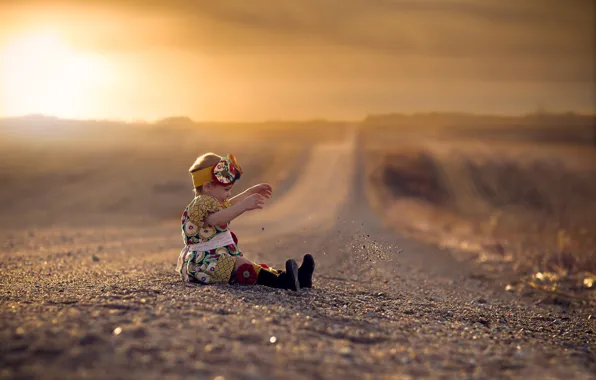 Road, dress, space, girl, bokeh