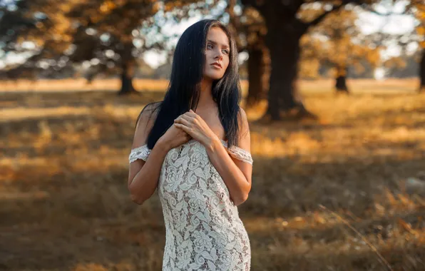 Girl, face, pose, sweetheart, dress, brunette, meadow, touch