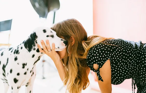 Girl, hand, dog, Dalmatians