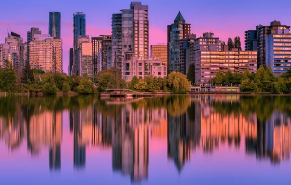 Light, reflection, trees, sunset, the city, Park, shore, building