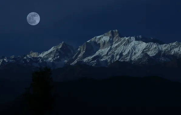 Winter, the sky, snow, mountains, night, darkness, rocks, the moon