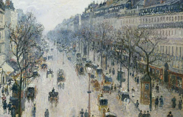 Picture home, picture, morning, the urban landscape, The Boulevard Montmartre. Winter Morning, Camille Pissarro