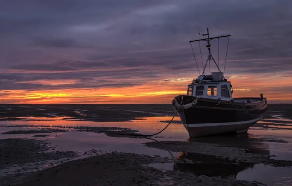 Sunset, ship, stranded