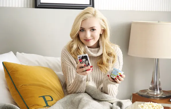 Look, girl, pose, pillow, actress, blonde, phone, beautiful