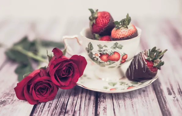 Flowers, berries, chocolate, roses, strawberry, Cup, dessert, saucer