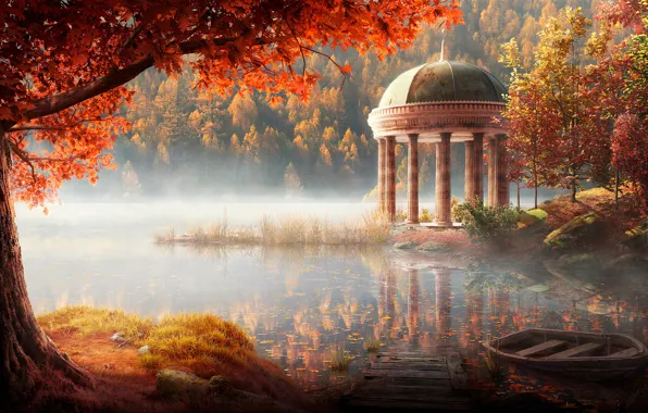 Autumn, forest, light, trees, branches, fog, lake, pond