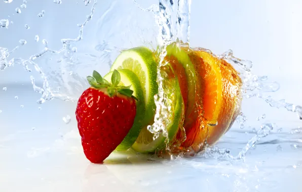 Picture water, squirt, strawberry, berry, citrus, slices