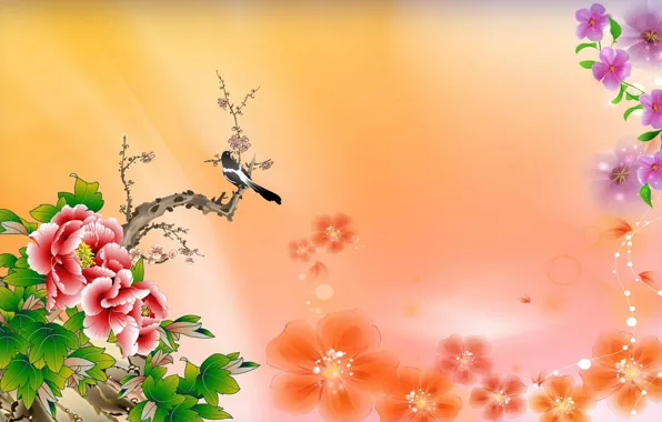 Picture flowers, background, bird, art