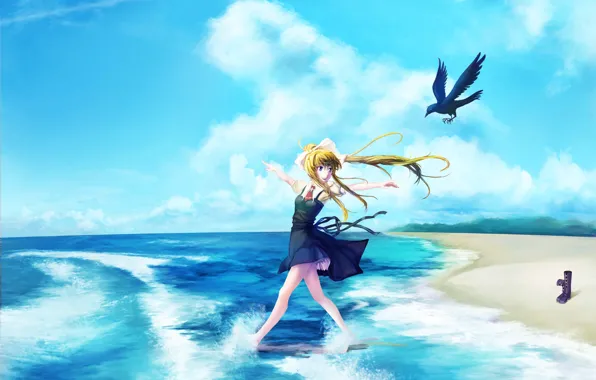 Picture sand, sea, girl, joy, nature, mood, bird, Air