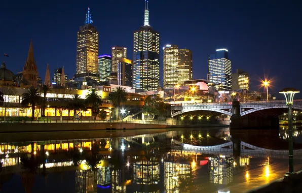 Night, bridge, the city, lights, river, palm trees, skyscrapers, Melbourne