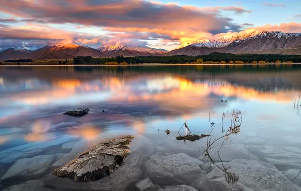 Picture the sky, transparency, clouds, snow, sunset, mountains, lake, stones