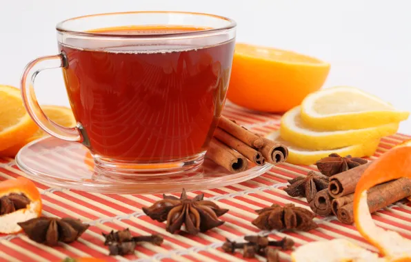 Picture reflection, lemon, tea, orange, Cup, drink, cinnamon, saucer
