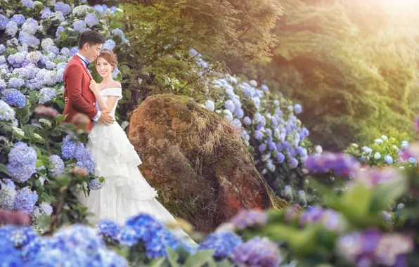 Flowers, Girl, Love, Guy, Pair