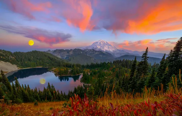 Forest, the sky, water, clouds, trees, sunset, mountains, lake