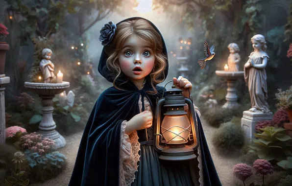 Flowers, fog, emotions, surprise, candles, garden, girl, lantern