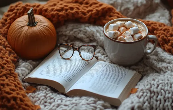 Glasses, pumpkin, book, marshmallows, knitted things, AI art, neural network
