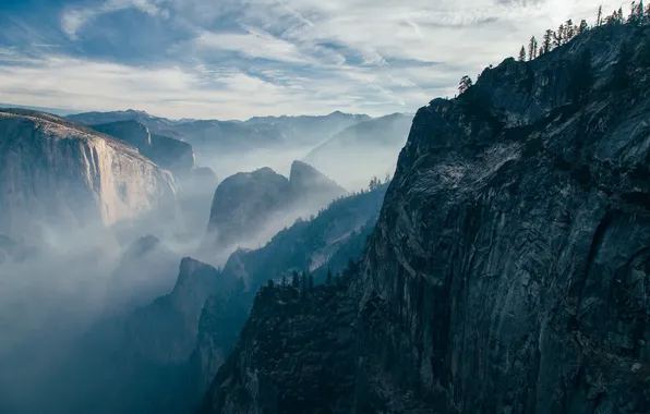 Picture the sky, clouds, landscape, mountains, nature, fog, rock, open