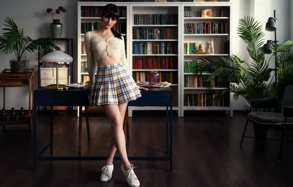 Picture look, books, sneakers, skirt, figure, brunette, topic, legs