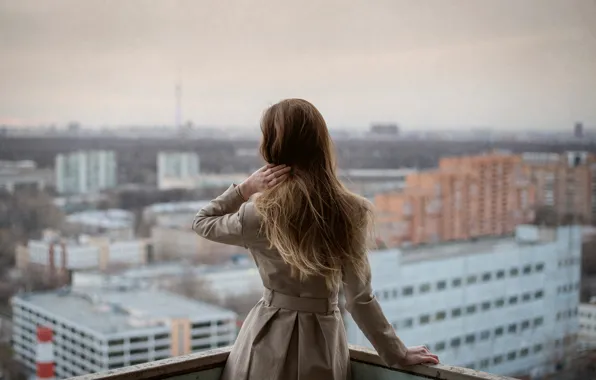 Girl, the city, overcast, view, Moscow, balcony, Atmosphere, Radmila Sadykova