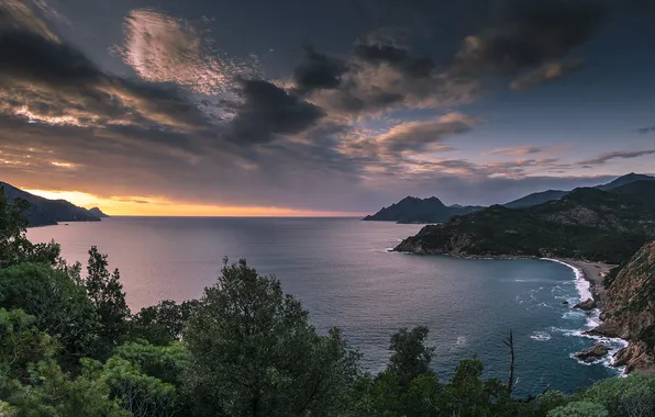 Picture sea, coast, sunset, mountain, corsica