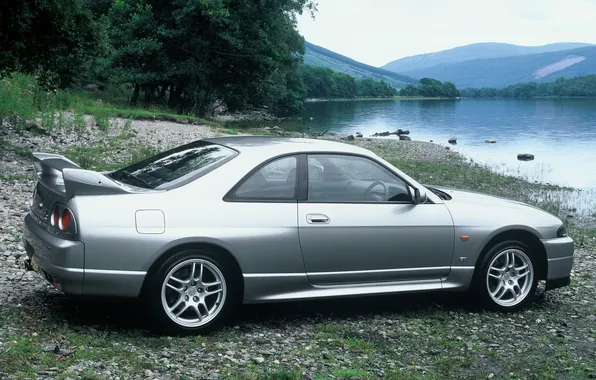 Water, trees, mountains, grey, shore, coupe, Nissan, Nissan