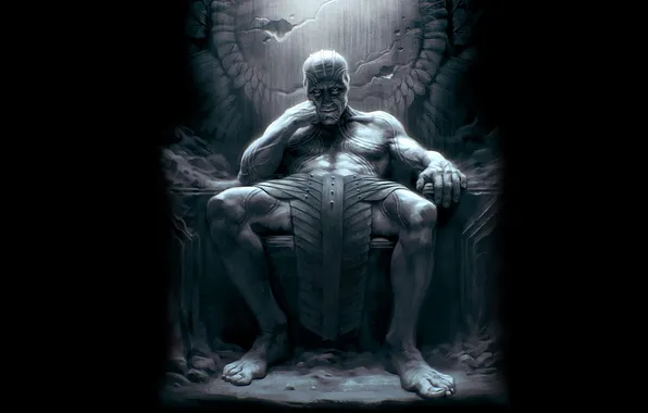 Picture giant, black background, sitting, the throne, Thor, Thor, Jotunheim, Jotunheim