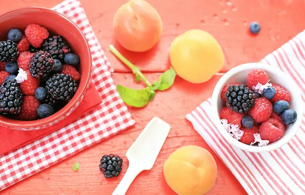 Berries, raspberry, table, blueberries, dishes, fruit, BlackBerry, apricots