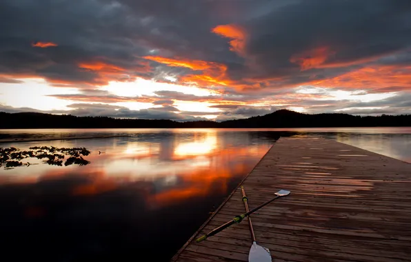 Sunset, bridge, lake, paddle