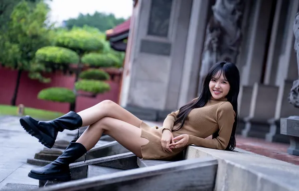 Picture girl, smile, hair, boots, dress, legs, Asian, posing
