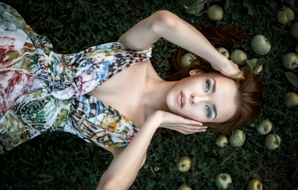 Chest, grass, look, girl, sweetheart, glade, apples, hands