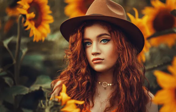 Picture look, sunflowers, Girl, hat, red