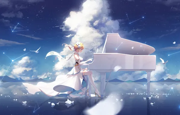 Ice, girl, bird, constellation, piano, Genshin Impact, Light