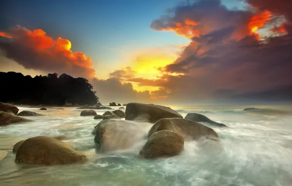 Picture sea, wave, clouds, sunset, clouds, stones, threads, blocks