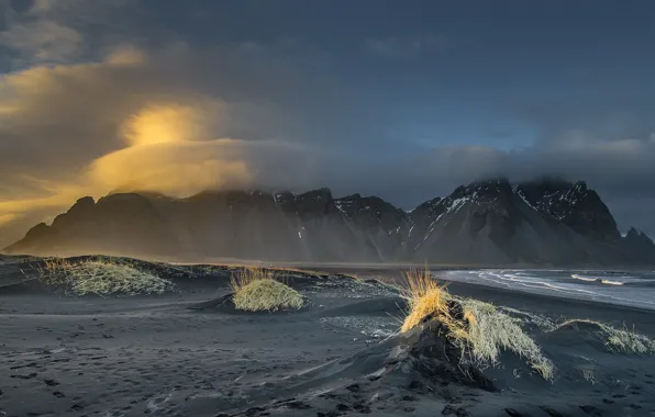 Picture sand, sea, the sky, clouds, landscape, mountains, fog, overcast