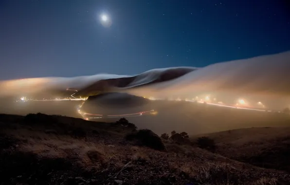 Picture road, the sky, stars, landscape, night, nature, lights, fog, hills, the moon, track, the evening, …