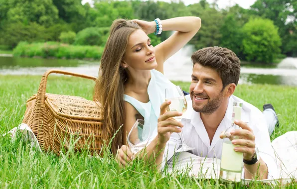 Picture girl, nature, wine, basket, glasses, pair, guy, lovers