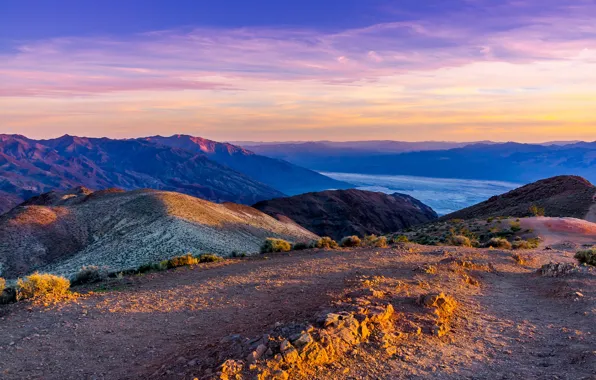 The sky, the sun, mountains, valley, panorama, USA, Death Valley National Park, hill