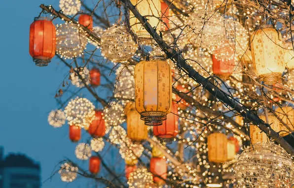 Light, the evening, China, lanterns