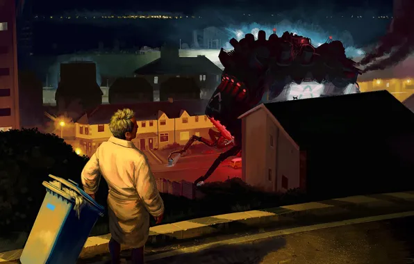Night, the city, man, tank, Always missing bin day
