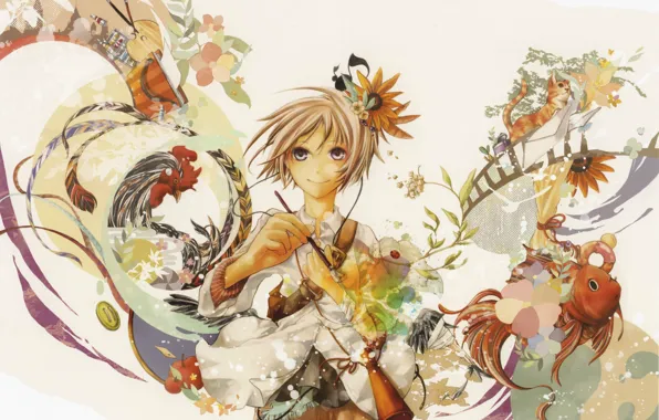 Flowers, fantasy, magic, fish, girl, palette, brush, tubes