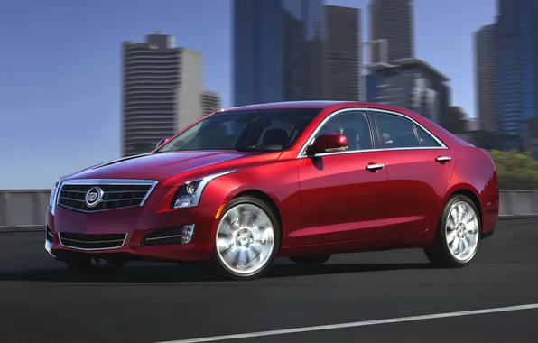 Picture Cadillac, Red, Auto, The city, Machine, Sedan, ATS, In Motion