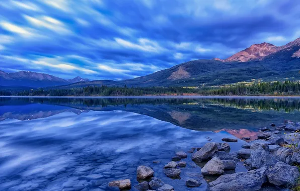 Mountains, lake, reflection, stones, Canada, Albert, Alberta, Canada