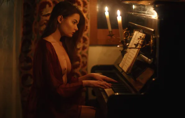 Chest, girl, notes, candles, piano