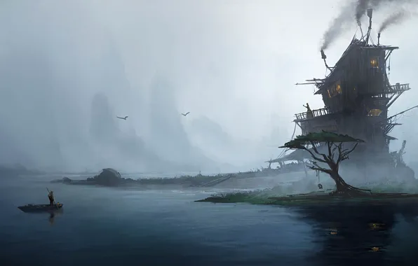 Fog, house, people, tree, boat, art, Emmanuel Shiu