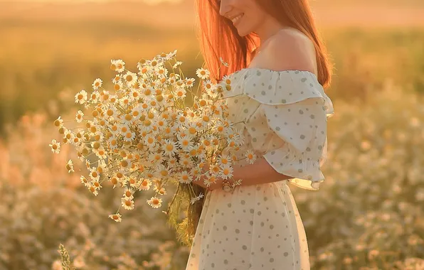 Field, girl, sunset, flowers, Evgenia Sharipova